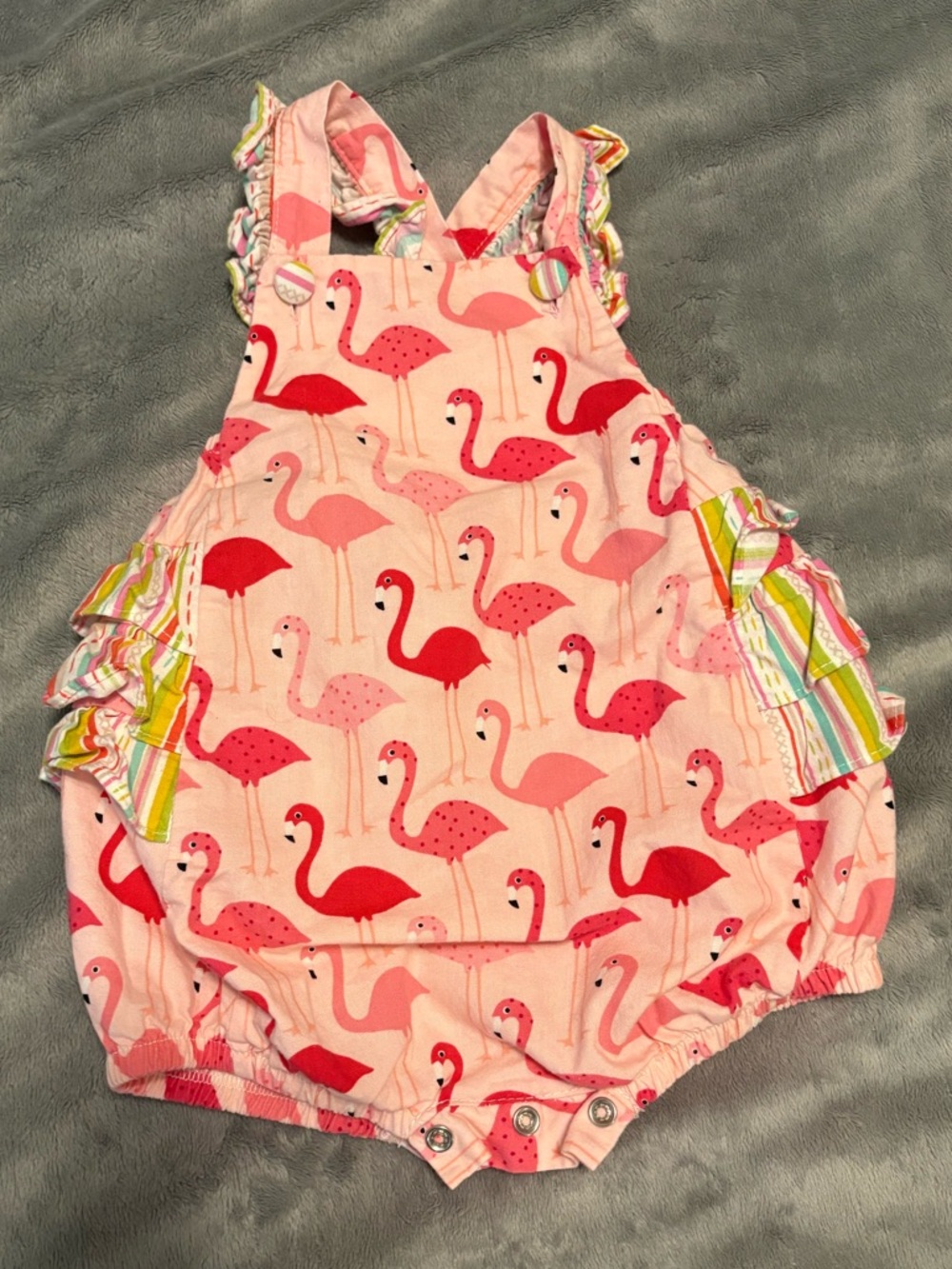 Ruffle Butts Pink Flamingo Ruffle Romper with Rainbow Trim